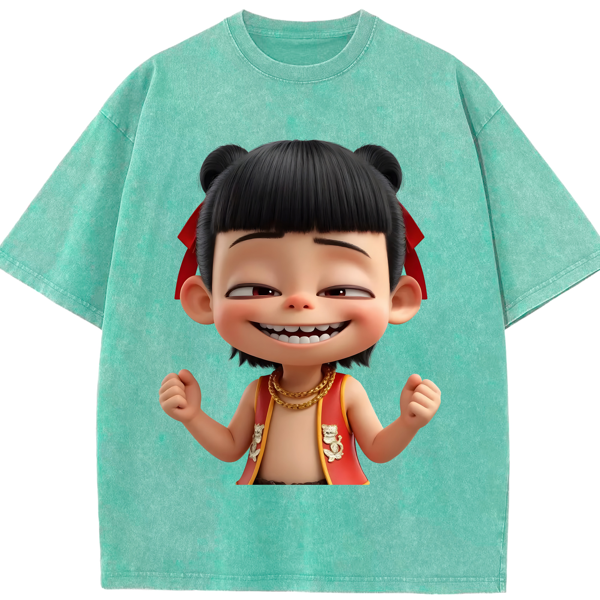 （画像用） Ne Zha 2 ナタ 魔童の大暴れ 綿100% ヴィンテージ風 半袖Tシャツ（フロントプリント）